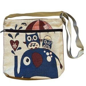Owl and Elephant Tapestry Crossbody Cream and Blue